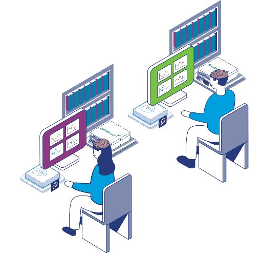 llustration of two Excentis engineers at desks monitoring data charts on computer screens, symbolizing data analysis, network performance monitoring, and research collaboration.