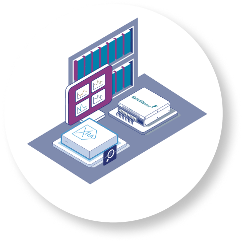 Isometric illustration of a ByteBlower and XRA-powered data monitoring station with multiple chart displays, analysis tools, and reference manuals, representing network diagnostics and performance analytics.