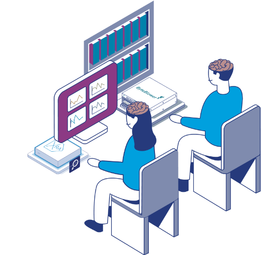 Illustration of professionals analyzing data and performance graphs with advanced tools, symbolizing Excentis’ outsourcing services that combine expertise, technology, and brainpower to deliver reliable network solutions.